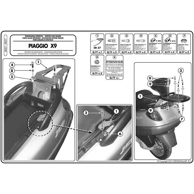 Stelaż pod kufer centralny do Piaggio X9 125-180-250 [00-02], X9 200-250-500 Evolution - Givi SR57 (zgodny z Kappa KR57)