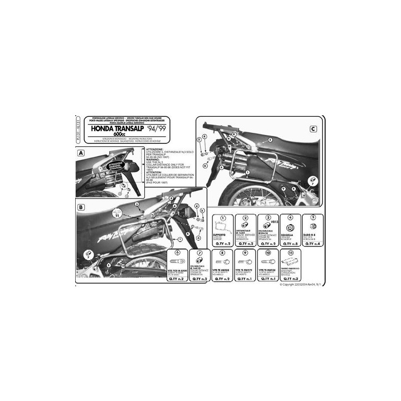 KAPPA STELAŻ KUFRÓW BOCZNYCH MONOKEY HONDA XL 600V TRANSALP `94-99 - RÓWNIEŻ POD KUFRY MONOKEY RETRO-FIT KVE K'VENTURE ALU ORAZ 