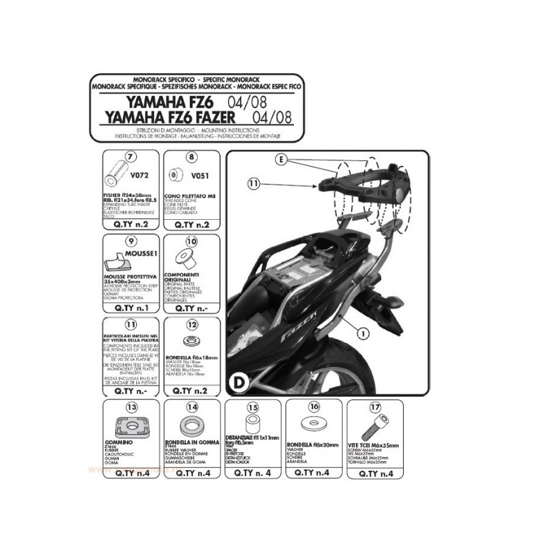 KAPPA STELAŻ KUFRA CENTRALNEGO YAMAHA FZ6 / FZS 600 FAZER (04-06), FZ6 S2 / FZ6 600 FAZER S2 (07-11) ( BEZ PŁYTY ) - PATRZ OPIS 