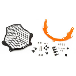 Osłona reflektora ze stali nierdzewnej w kolorze czarnym z szybkozłączkami, pomarańczowy uchwyt, do motocykli KTM 1050 Adventur