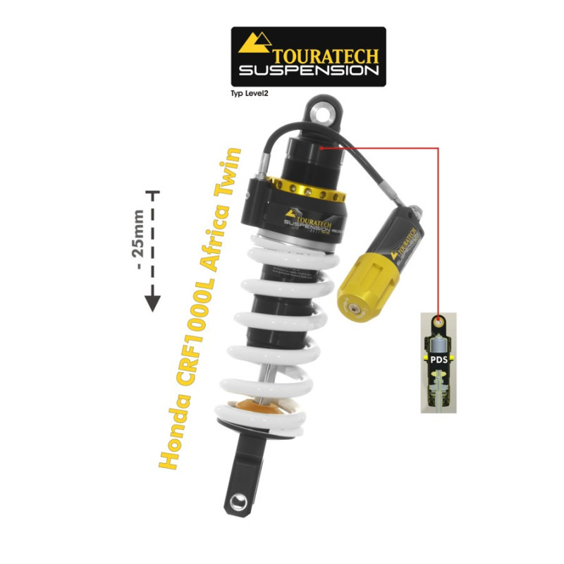 Amortyzator obniżający Touratech Suspension (-25 mm) do Hondy CRF1000L Africa Twin od 2018 roku. Typ Explore HP/PDS