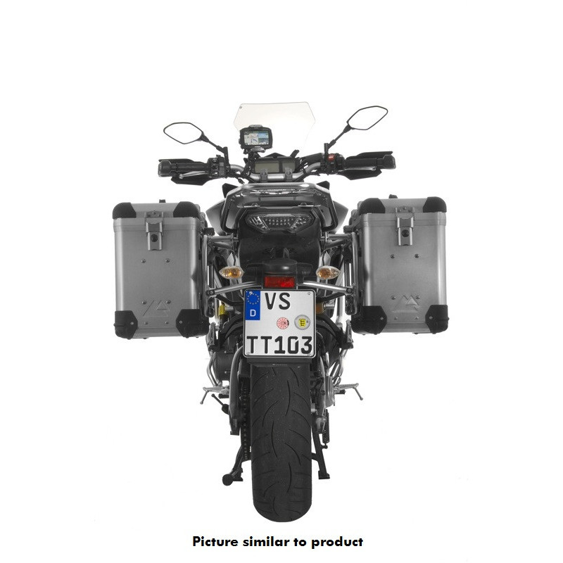 System kufrów bocznych ZEGA Pro aluminiowy 38/38 litrów ze stelażem ze stali nierdzewnej w kolorze czarnym do motocykla Yamaha