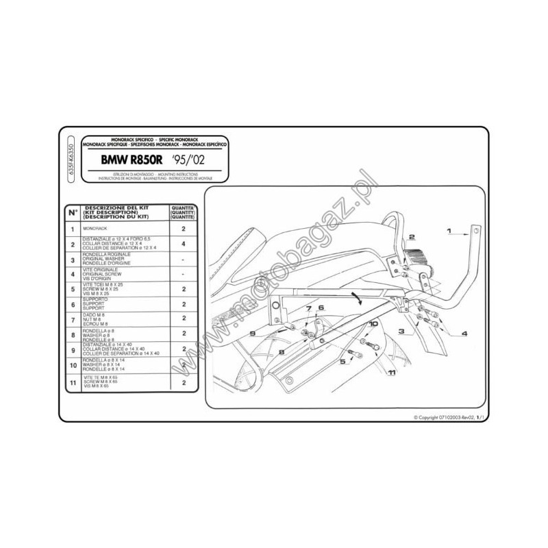 Stelaż pod kufer centralny do BMW R850R [95-02], R1100R [95-01] - Givi 635F (zgodny z Kappa K6350)