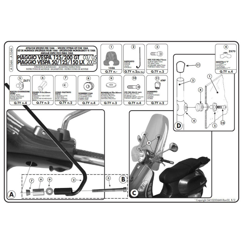 Zestaw mocujący A104A do szyby Givi 104A
